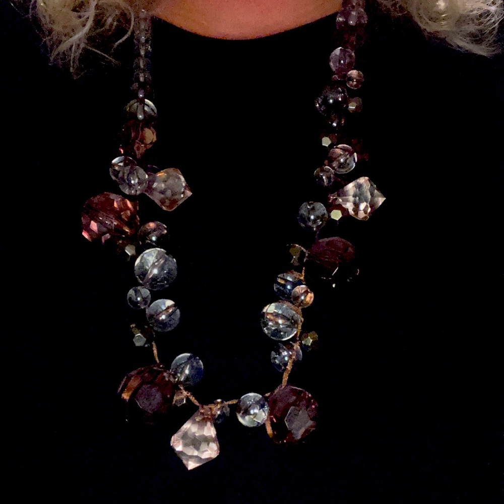 Long brown and clear bead necklace